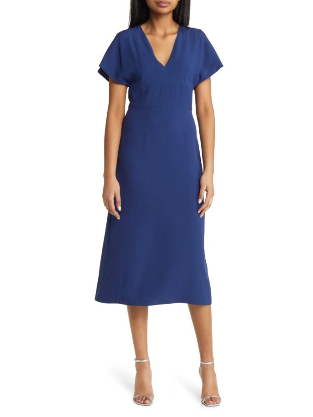 $595 HUGO BOSS Dawinga Women's Short Sleeve V-Neck A-Line Midi Dress Blue Size 4